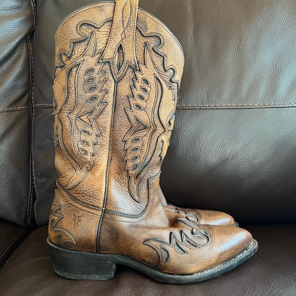 Frye Tan Leather Western Embroidered Boots